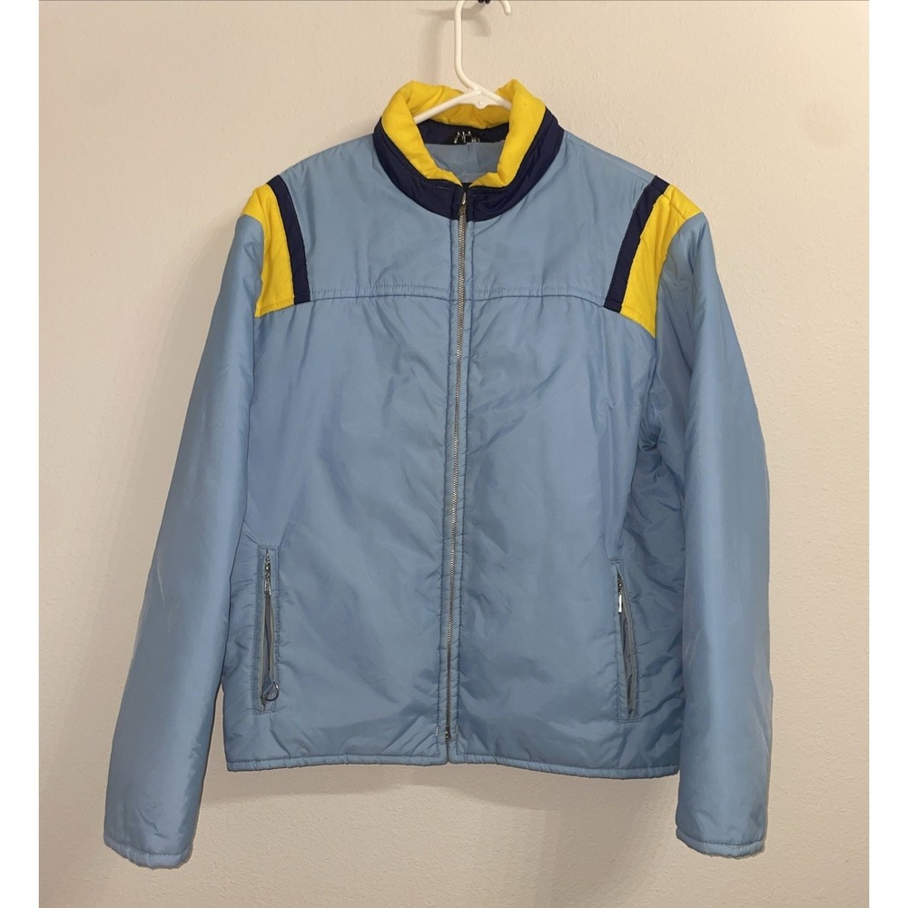 Vintage 70s Aspen Ski Apparel Jacket Blue Yellow Hooded Puffer Size M